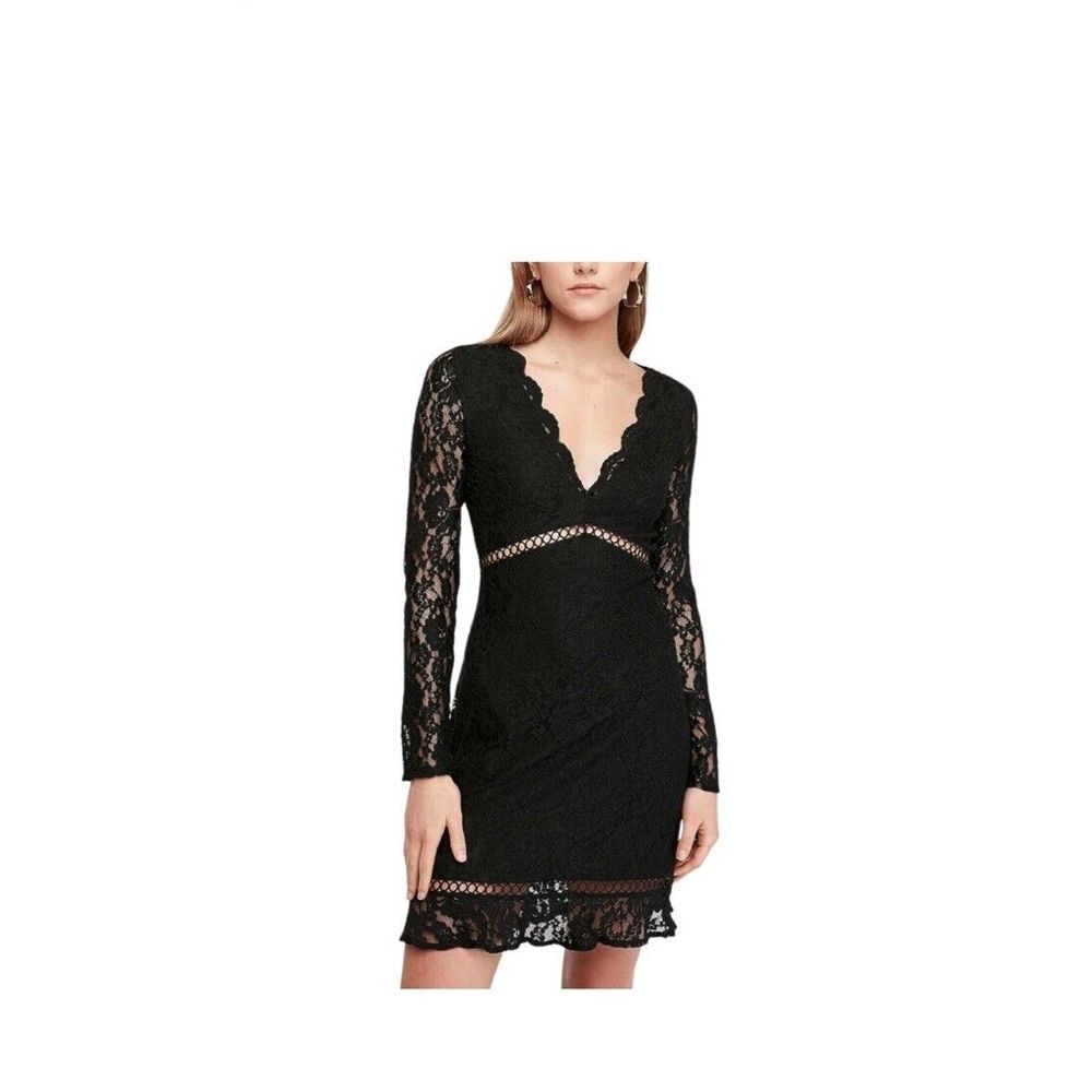 Express Scalloped Black Lace V‎ Neck Mini Sheath Dress Large Party Cut Outs Vtg